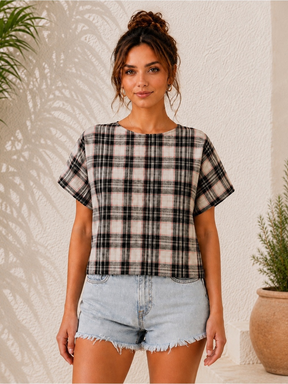 NWOT Zara Basic Womens XS Linen Blend Plaid Boxy Cropped Button Back Blouse Top